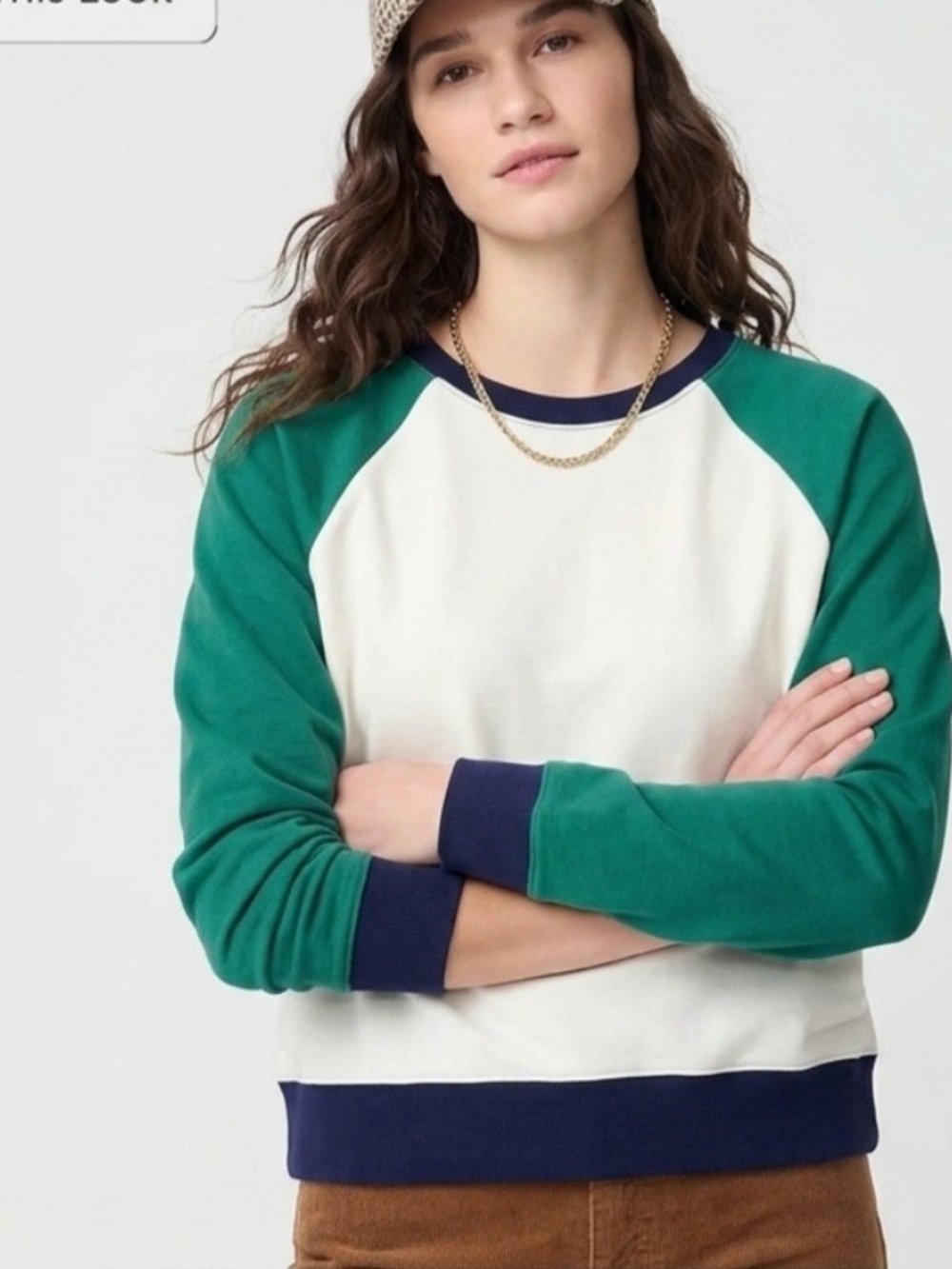 J. Crew Factory Green Raglan Sleeve Crewneck Sweatshirt with Navy Trim